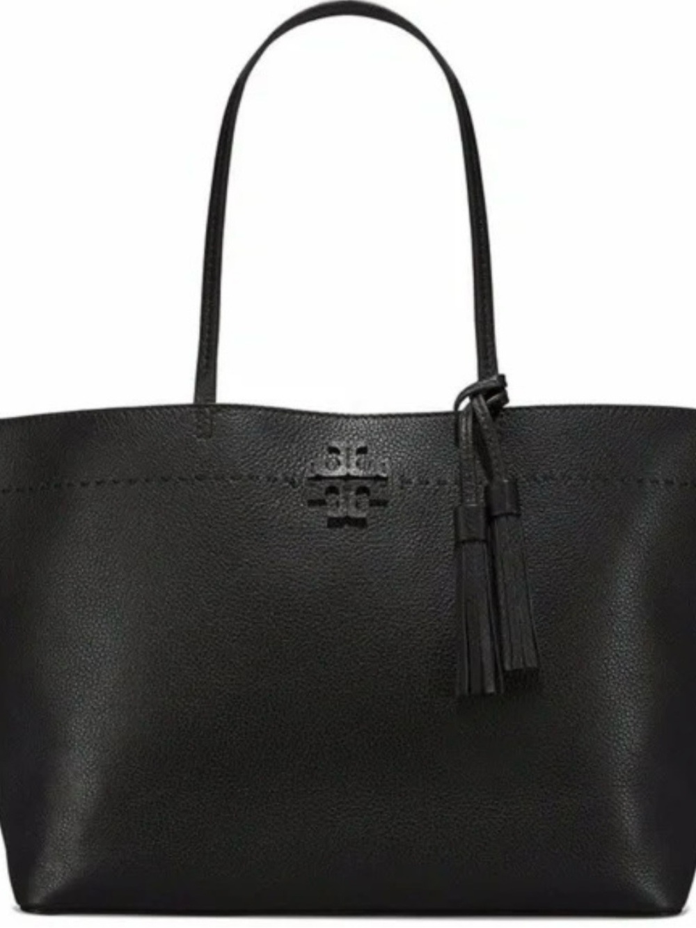 Tory Burch Black Pebbled Leather McGraw Tote with Tassel Charm